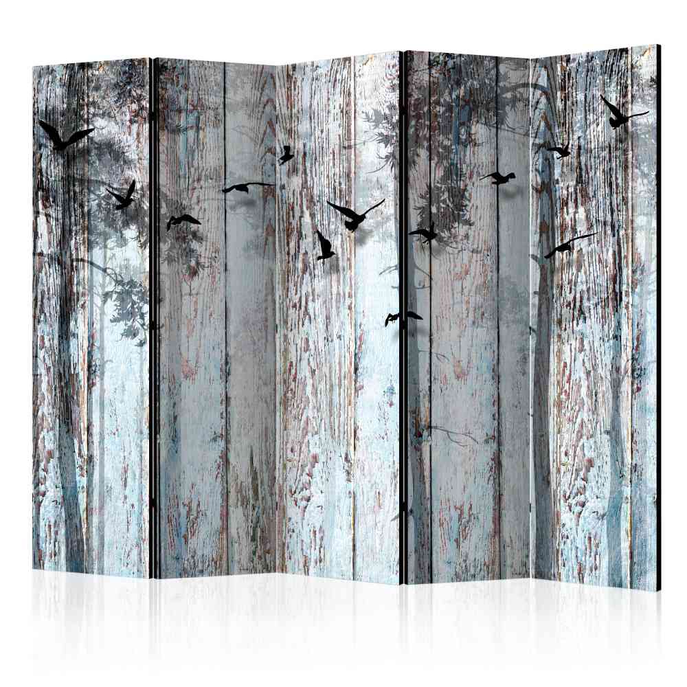 Raumteiler Paravent Sorney mit Vögel Motiven im Wald in Grau und Schwarz