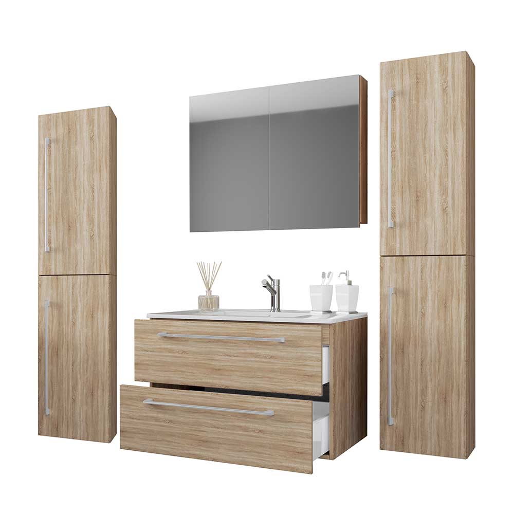 Badmöbel modern Sonoma-Eiche Estranon mit Spiegelschrank und Becken (vierteilig)