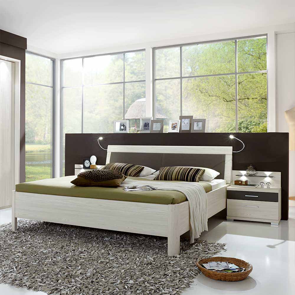 Schlafzimmer Komplettset Panura in Lärche Weiß Braun mit Doppelbett (vierteilig)