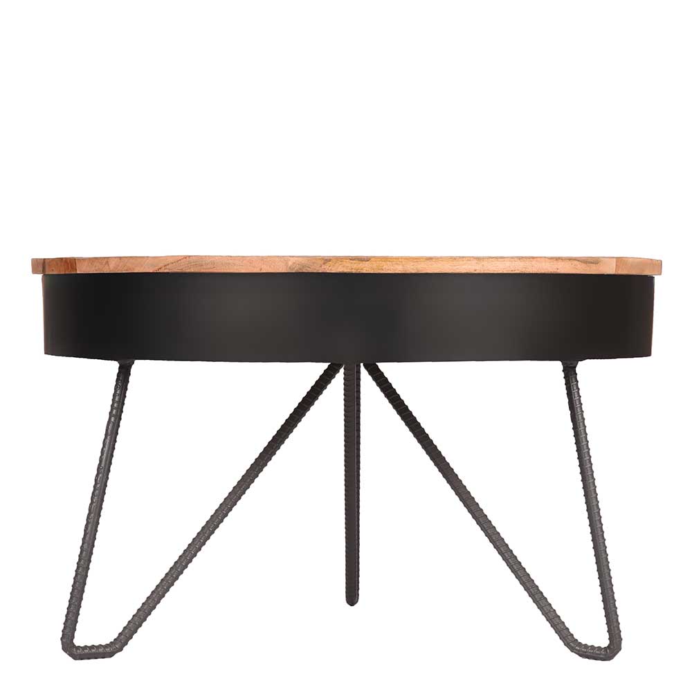 Runder Wohnzimmer Tisch Genefa aus Mangobaum Massivholz und Stahl 80 cm breit