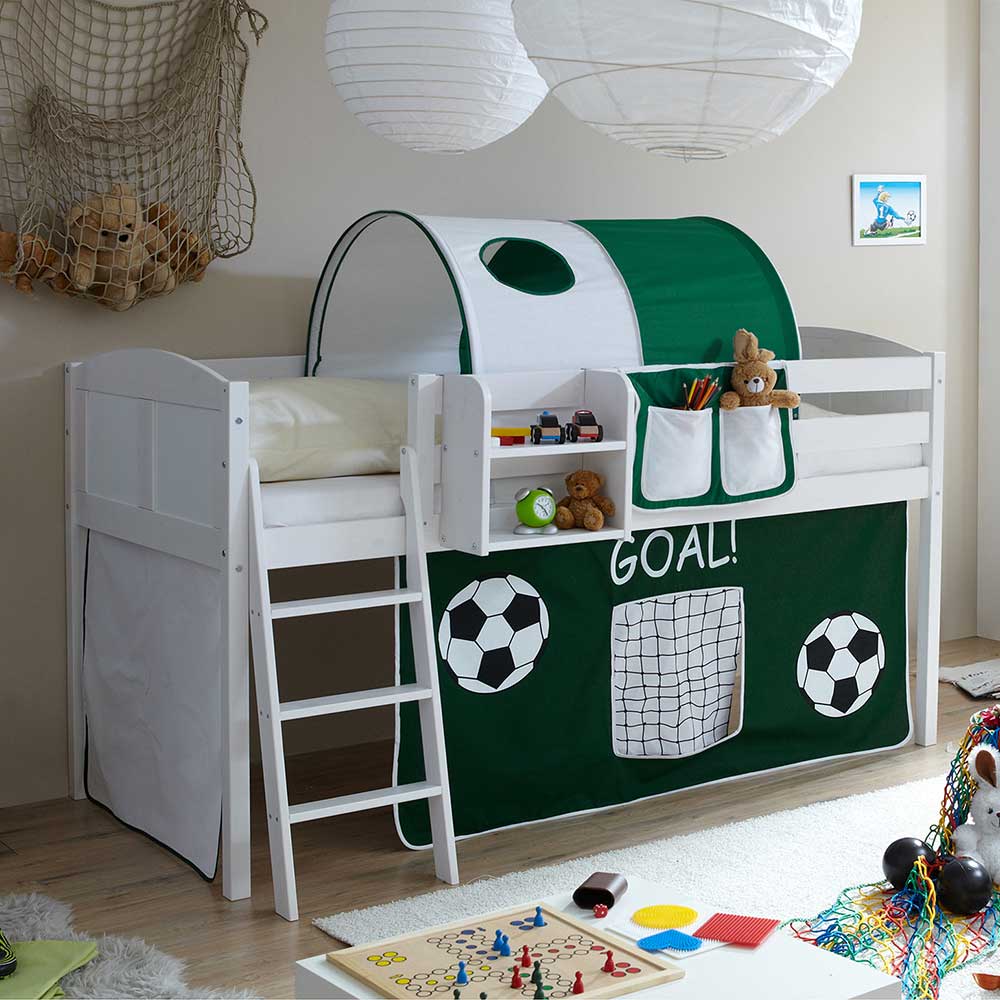 Kinderhochbett Gullit in Weiß und dunkel Grün mit Fußball Motiv