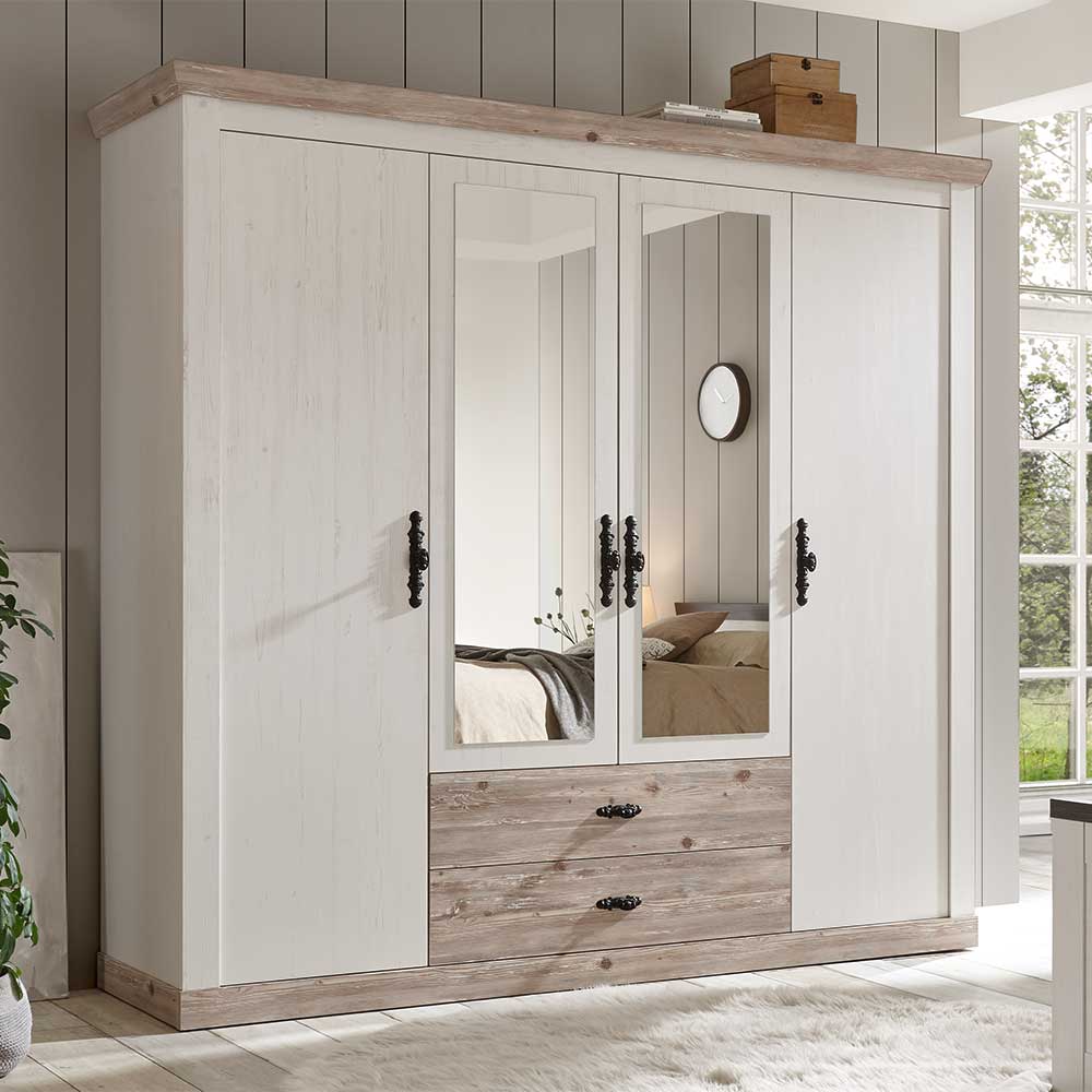 Landhaus Kleiderschrank Flurencina in Weiß und Piniefarben mit Spiegeltüren