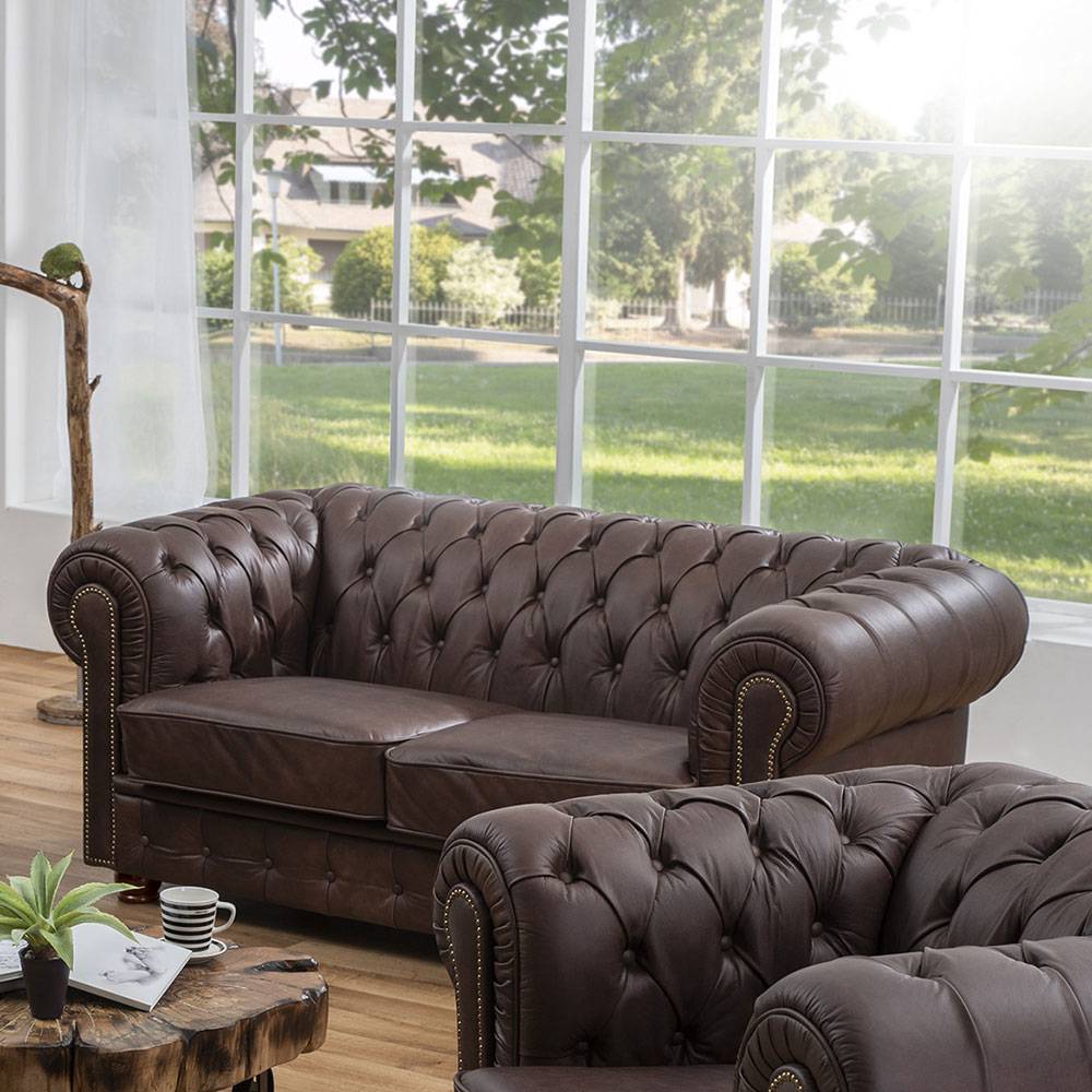 Wohnzimmer Couch Westwald im Chesterfield Look aus Echtleder