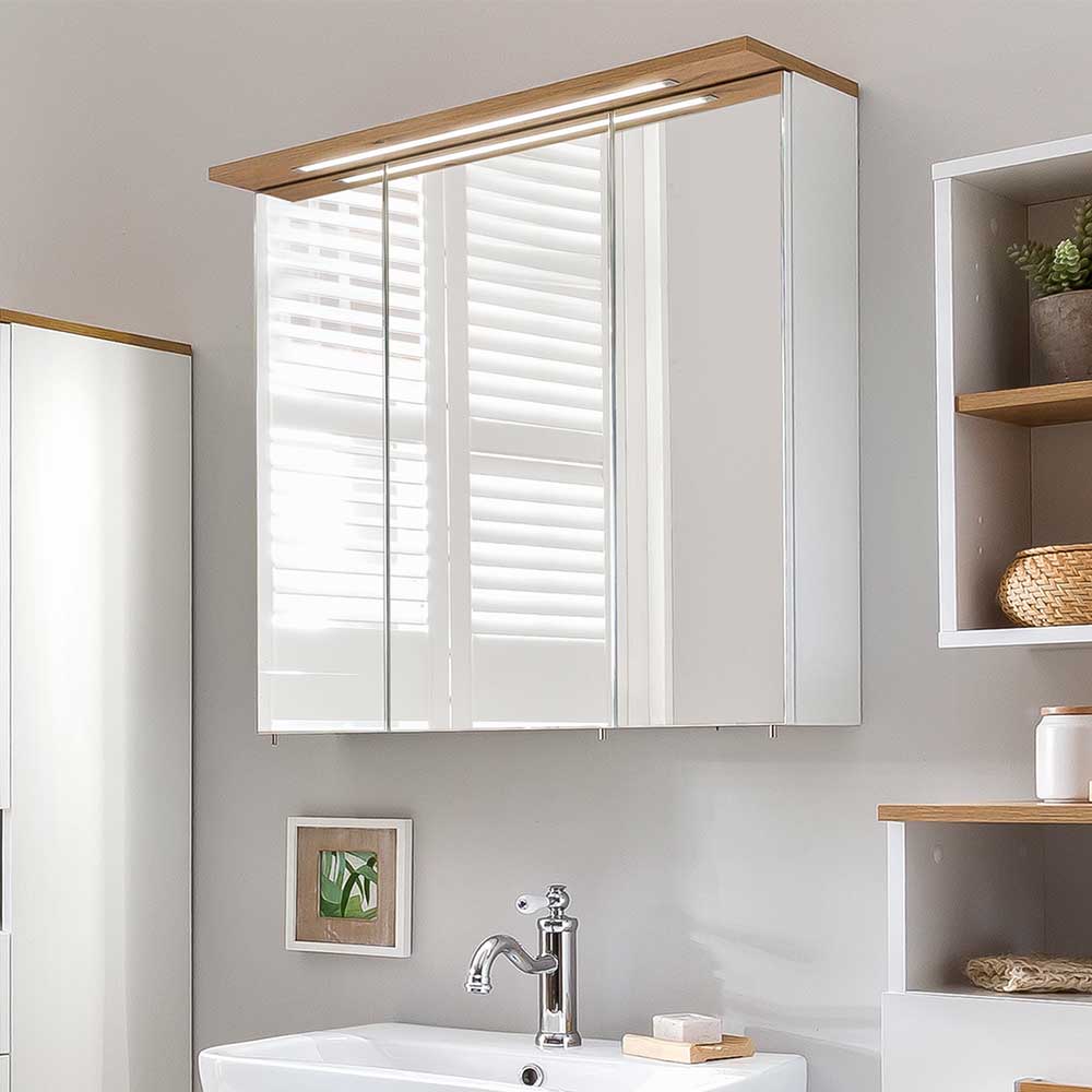 Badezimmer Spiegelschrank Miscros in Weiß und Eichefarben im Skandi Design