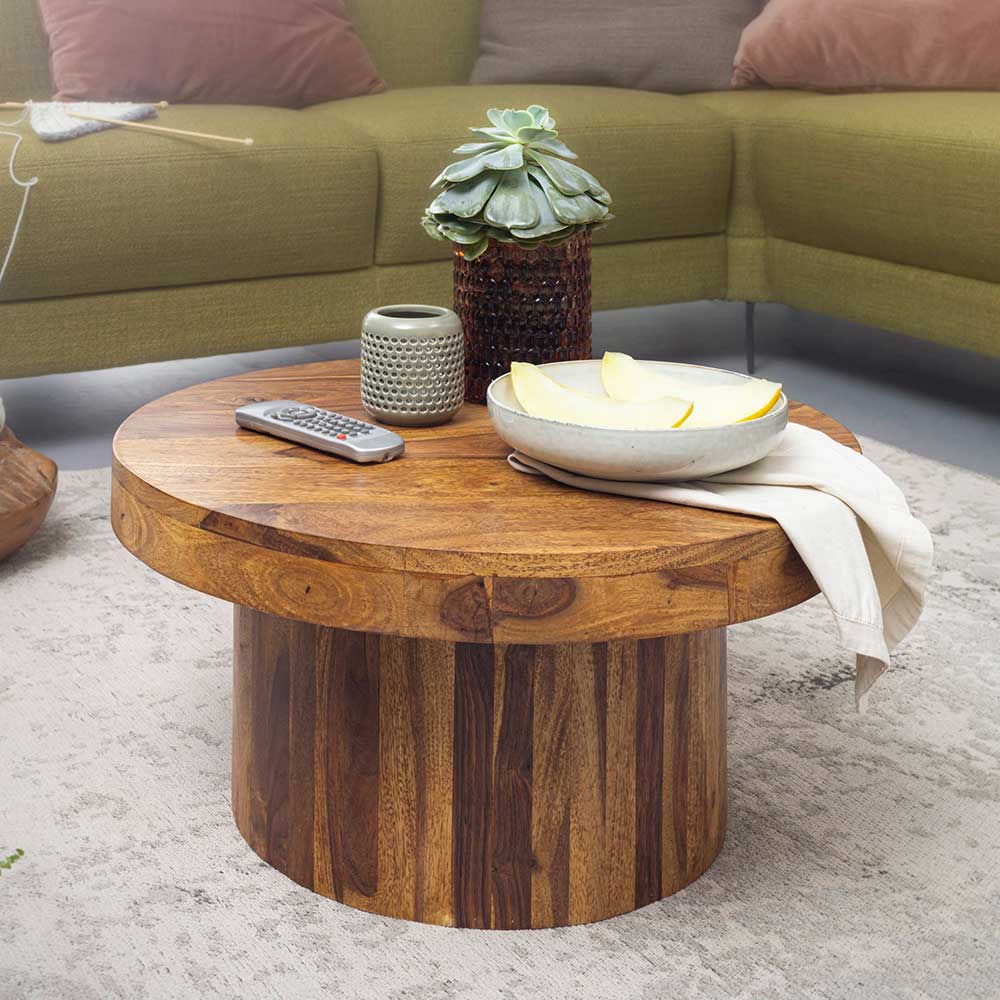 Runder Sofa Tisch Malin aus Sheesham Massivholz im rustikalen Landhausstil