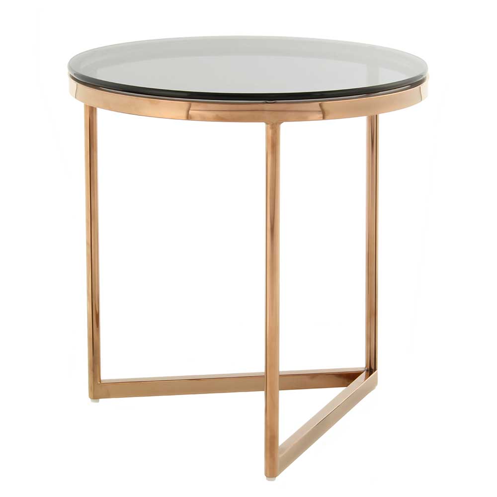 Glas Wohnzimmer Tisch Lodeves rund mit Bügelgestell in Rosegold