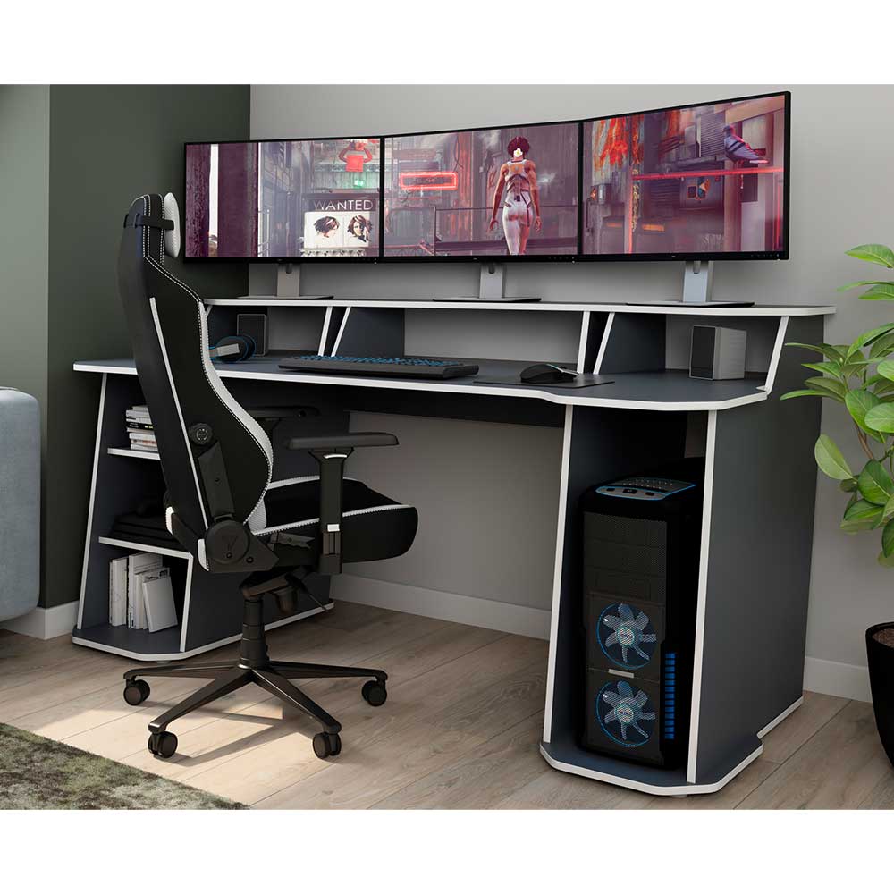 Gamer Schreibtisch Choklan in Anthrazit und Weiß mit Bildschirmaufsatz