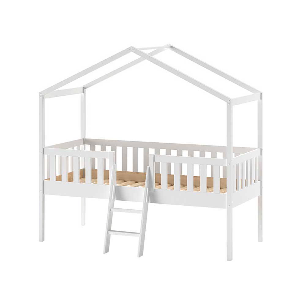 Kinder Hausbett mit Leiter Comi in Weiß 202 cm hoch