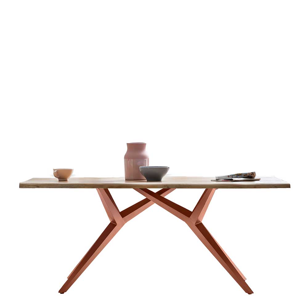Tisch Massivholz Frosic in Wildeichefarben und Braun mit Metallgestell