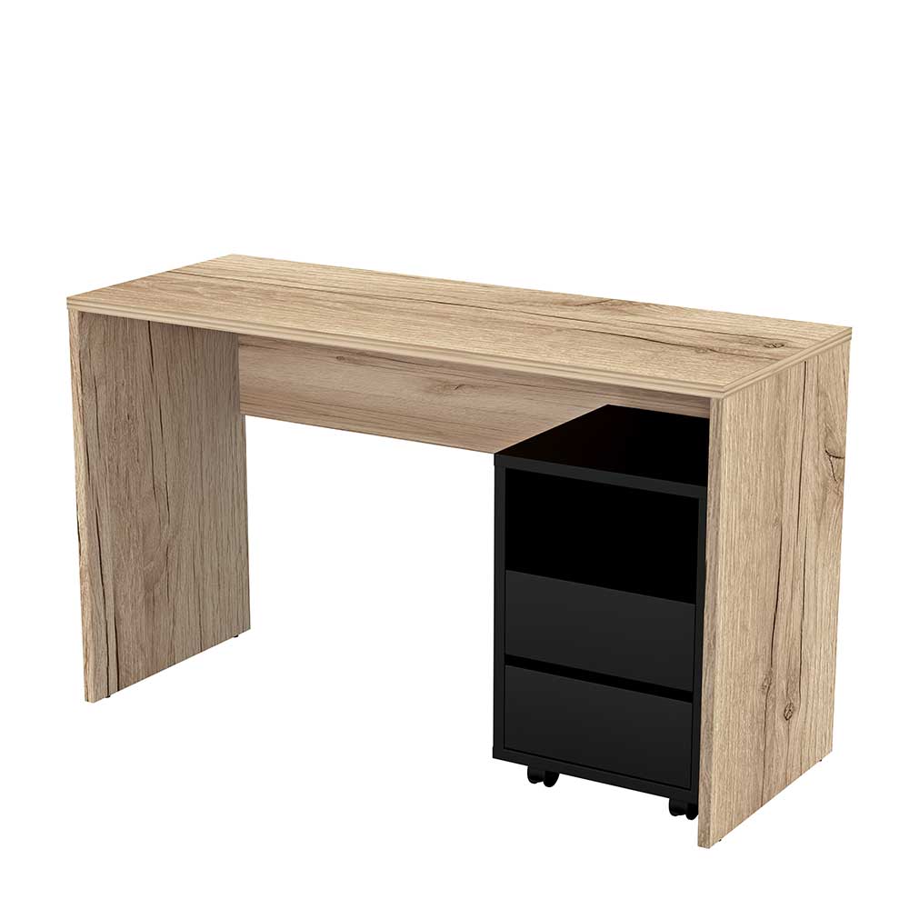 Schreibtisch Bado in Wildeichefarben mit schwarzem Rollcontainer (zweiteilig)
