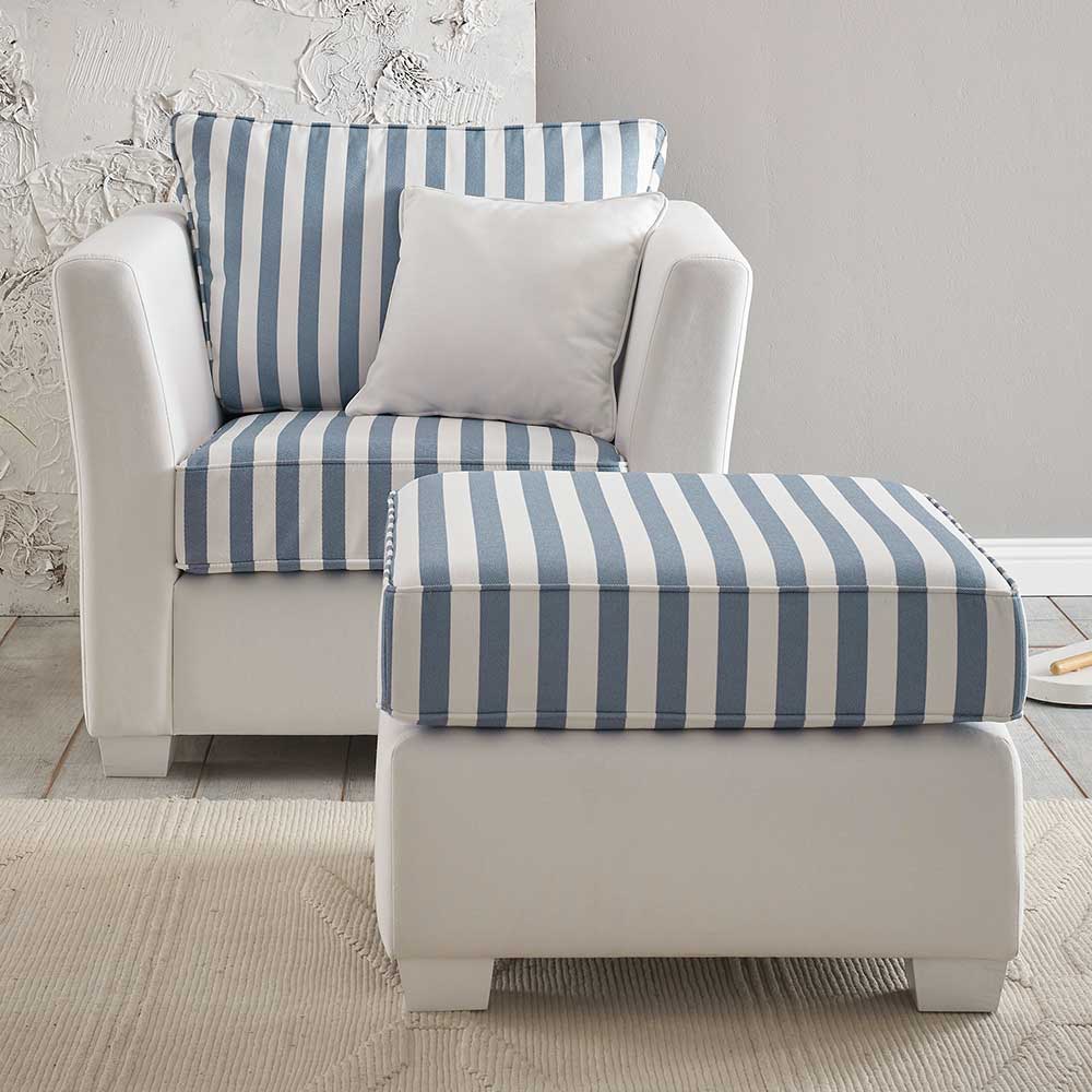 Sessel mit Hocker Nalyva in Blau und Cremeweiß mit Streifenmuster (zweiteilig)