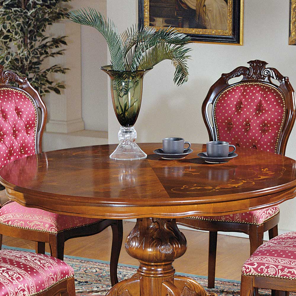 Barock Design Essgruppe Adessa mit rundem Tisch in Rot gemustert (fünfteilig)