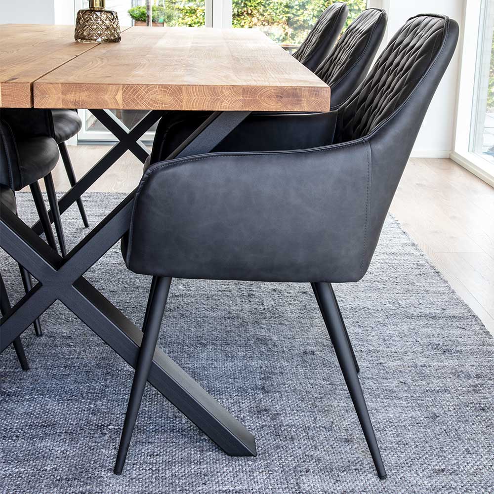 Tischgruppe Hanne aus Eiche Massivholz und Stahl mit grauen Stühlen (siebenteilig)