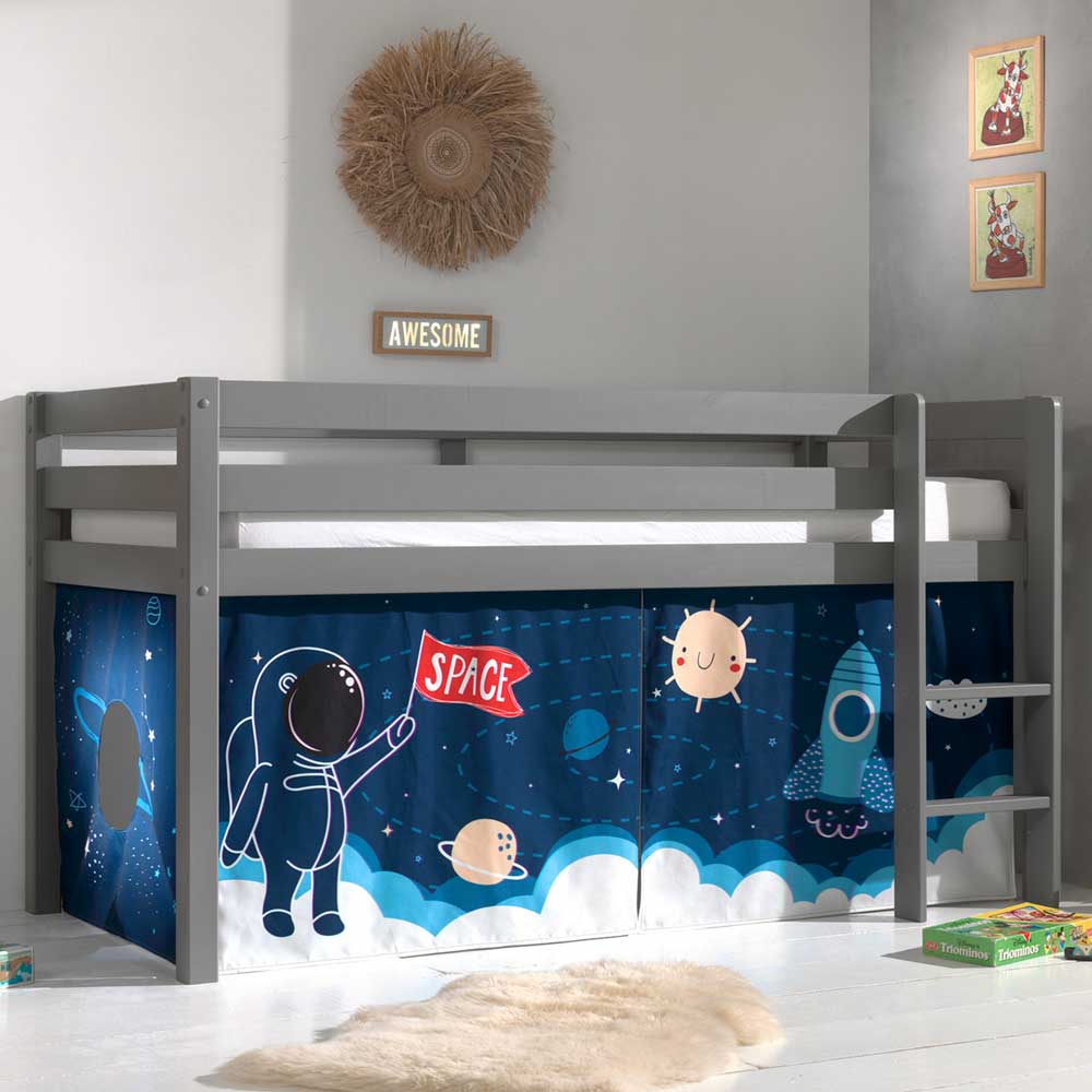 Graues Kinderhochbett Henrietta mit Vorhang Set Motiv Astronaut