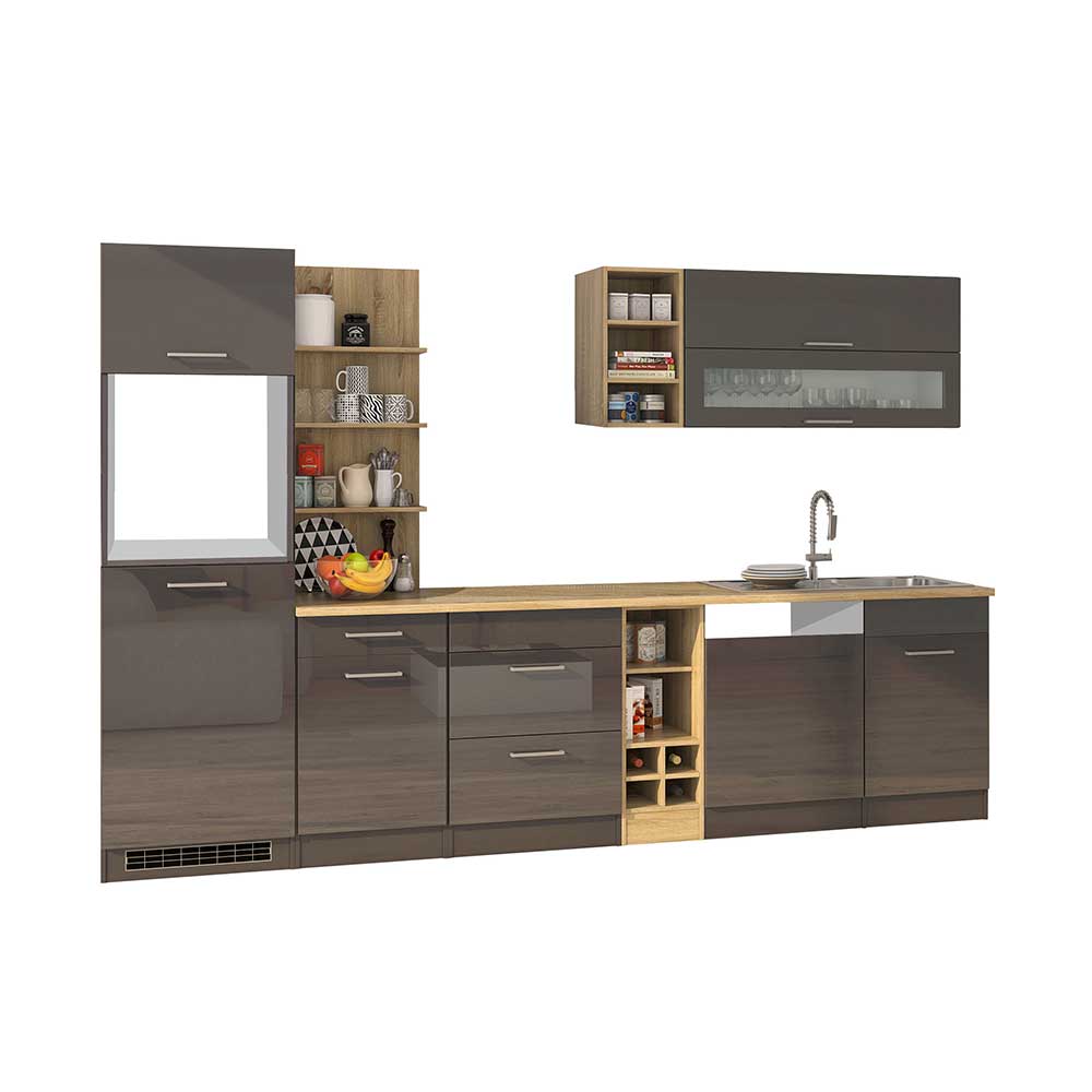 Hochglanz Küchenmöbel Set Fermona in Grau 310 cm breit (neunteilig)