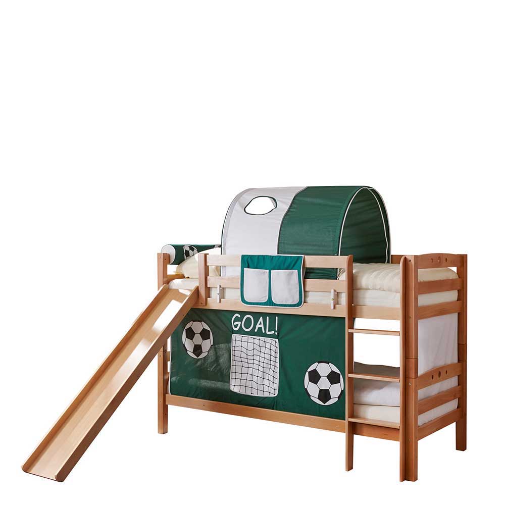 Fußball Design Stockbett Alberello aus Buche Massivholz mit Rutsche und Vorhang