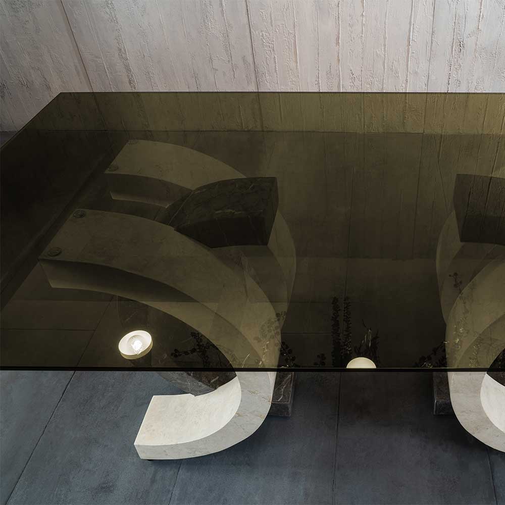Designer Tisch Comi mit Glasplatte Gestell aus Stein