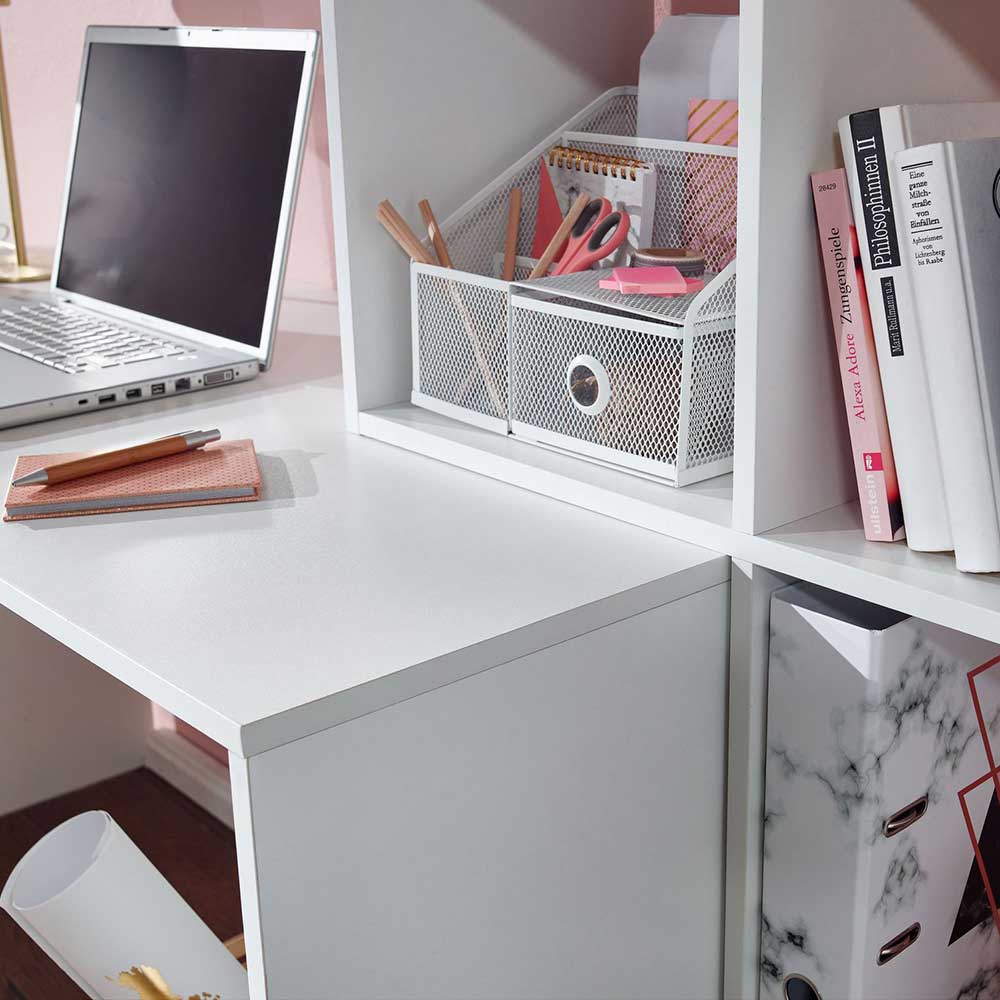 Home Office Schreibtisch Conory in Weiß mit Seitenregal