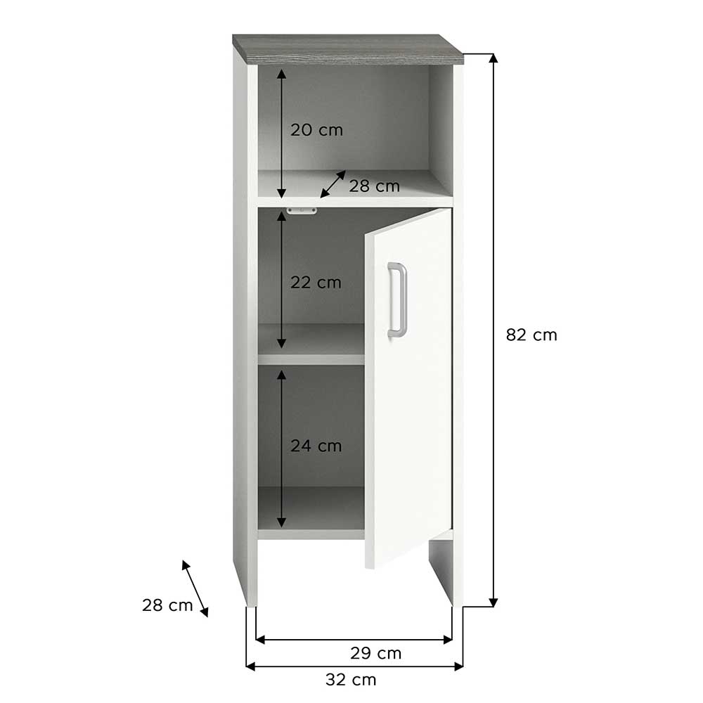 Kleiner Badezimmerschrank Quartia in Weiß und Rauchsilber 82 cm hoch