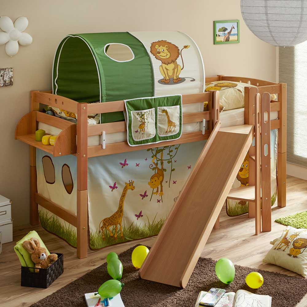 Halbhohes Kinder Einzelbett Cadama aus Buche Massivholz mit Rutsche und Vorhang