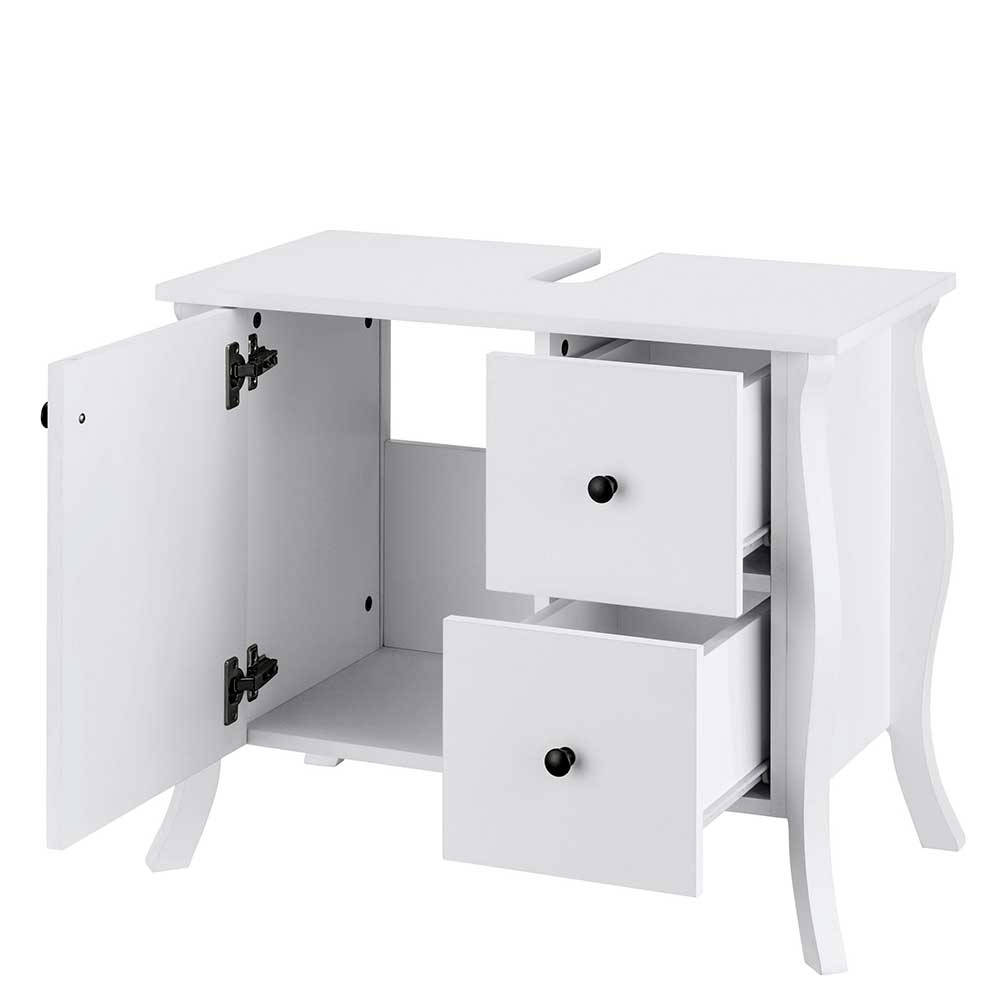 Waschbeckenunterschrank Vreneta in Weiß mit zwei Schubladen und Tür
