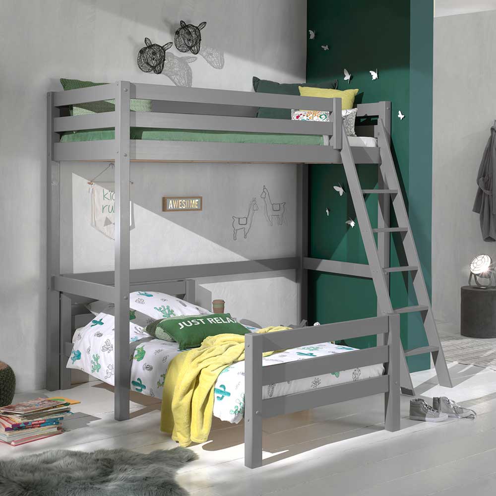 Kinderdoppelstockbett Kumico in Grau lackiert mit Einzelbett