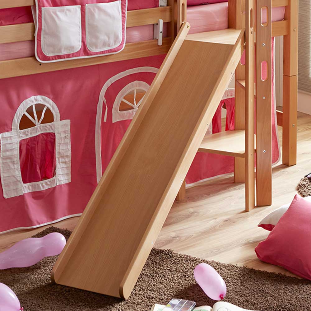 Mädchenzimmer Hochbett Jeany mit Rutsche und Vorhang in Pink aus Buche Massivholz