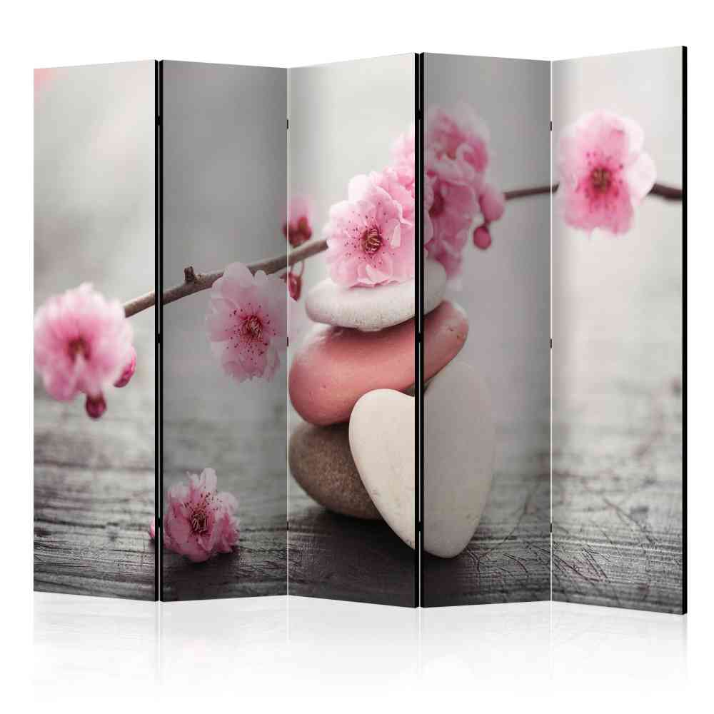 5 teiliger Paravent Catama im Zen Design mit Steinen und Kirschblütenzweig