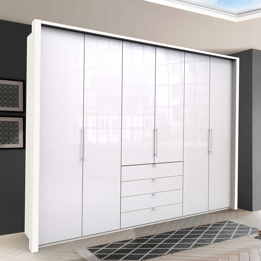 XL Schlafzimmerschrank Grinzia in Weiß Glas beschichtet mit Falttüren