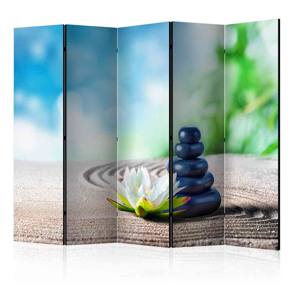 Paravent Trennwand Abigails mit Steinen und Lotus Blüte im Zen Design