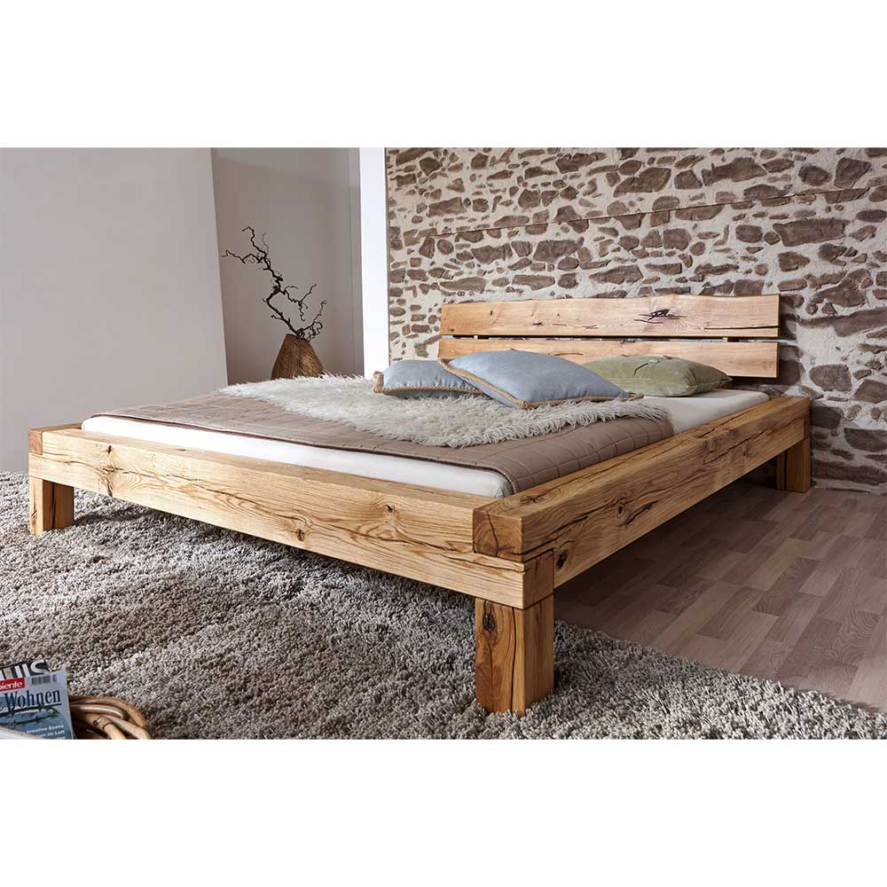 Breites Bett Calays aus Wildeiche Massivholz im rustikalen Landhausstil