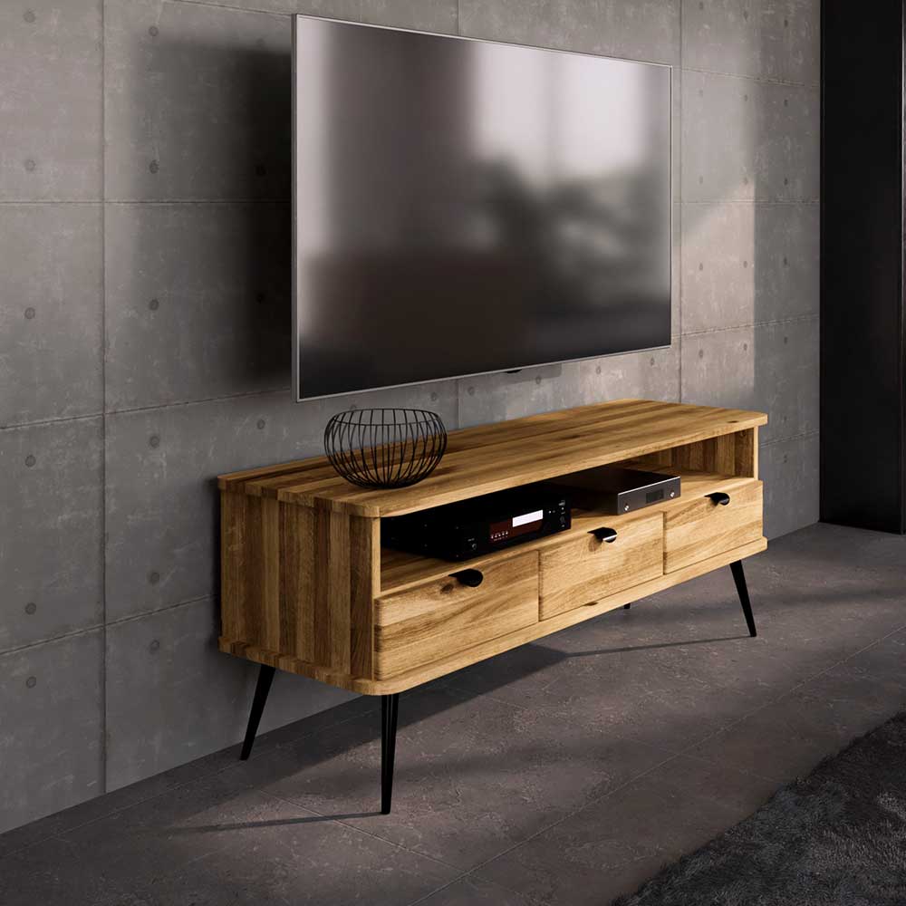 TV-Möbel Massivholz Clantica aus Wildeiche und Metall mit drei Schubladen