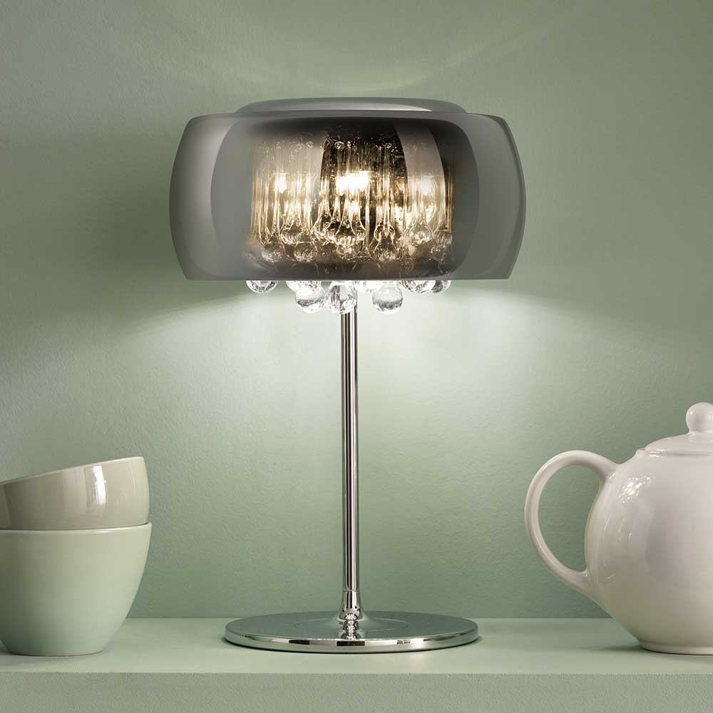 Tischlampe Crucav mit Glasschirm und Glastropfen