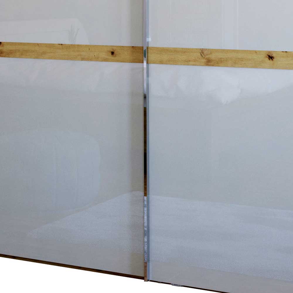 Schwebetürenkleiderschrank Privira in Beige und Eiche Bianco mit Glas beschichtet