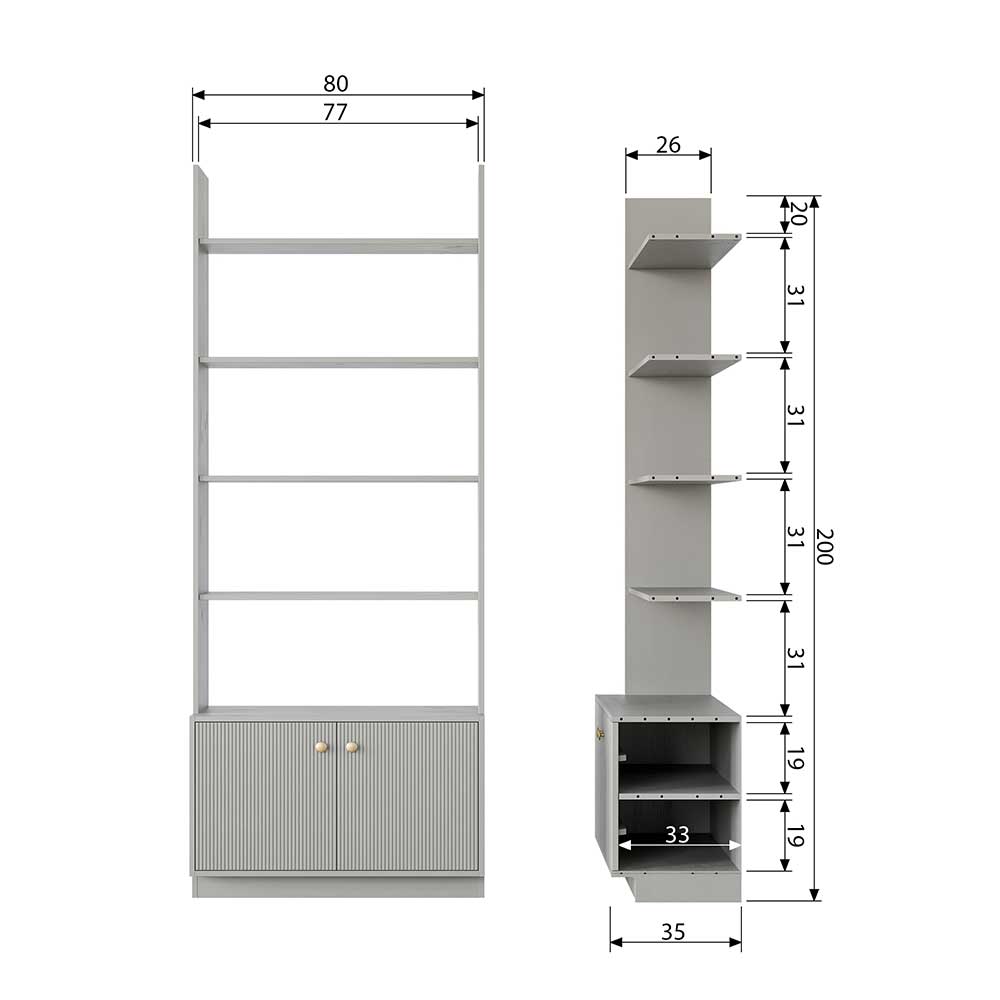 Skandi Design Bücherregal Novelya in Grau 200 cm hoch