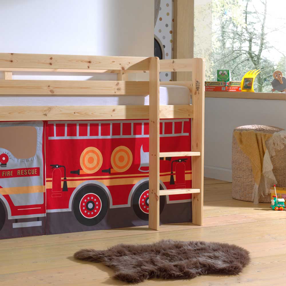 Kinder Halbhochbett Titisa aus Kiefer Massivholz mit Feuerwehr Textil Set