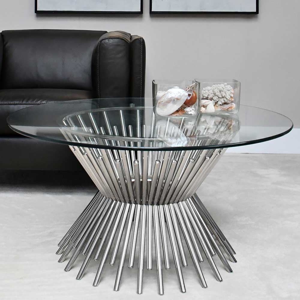 Design Sofa Tisch Self in Chromfarben mit Diabolo Form Metallgestell