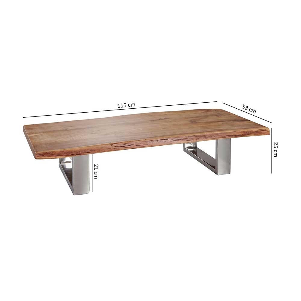 Baumkanten Wohnzimmer Tisch Zinato aus Akazie Massivholz und verchromtem Metall