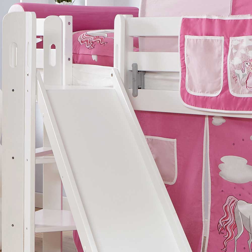 Mädchen Kinderspielbett Anesa in Weiß Buche massiv mit Vorhang und Tunnel