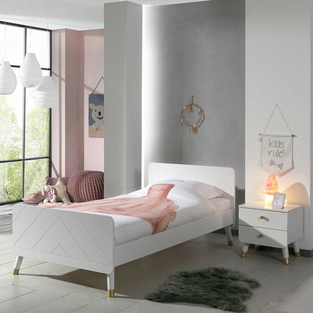 Design Jugendbett Verenetica mit Nachtkommode in Weiß und Goldfarben (zweiteilig)