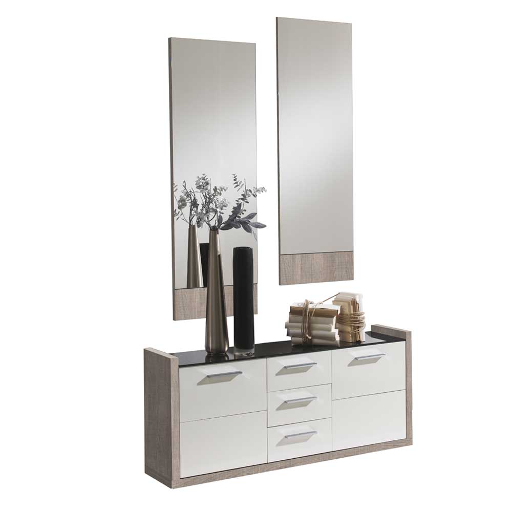 2 Spiegel und Sideboard Choicon in Weiß Hochglanz und Eiche Sonoma (dreiteilig)