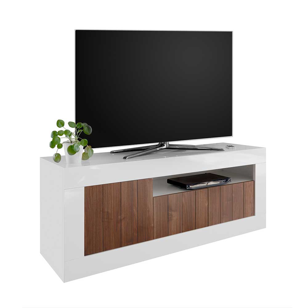 TV Board Tias in Nussbaumfarben und Weiß Hochglanz modern