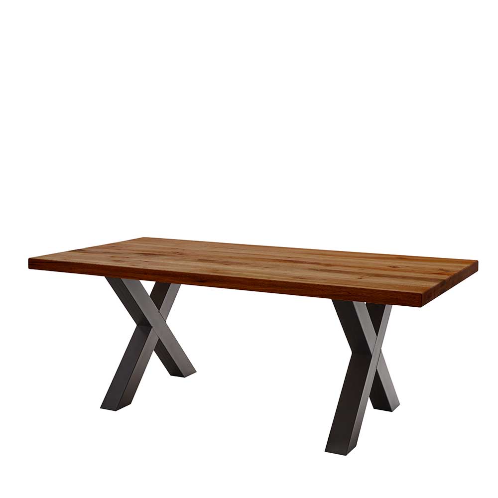 Tisch Esszimmer Katrynel aus Zerreiche Massivholz braun mit X Gestell