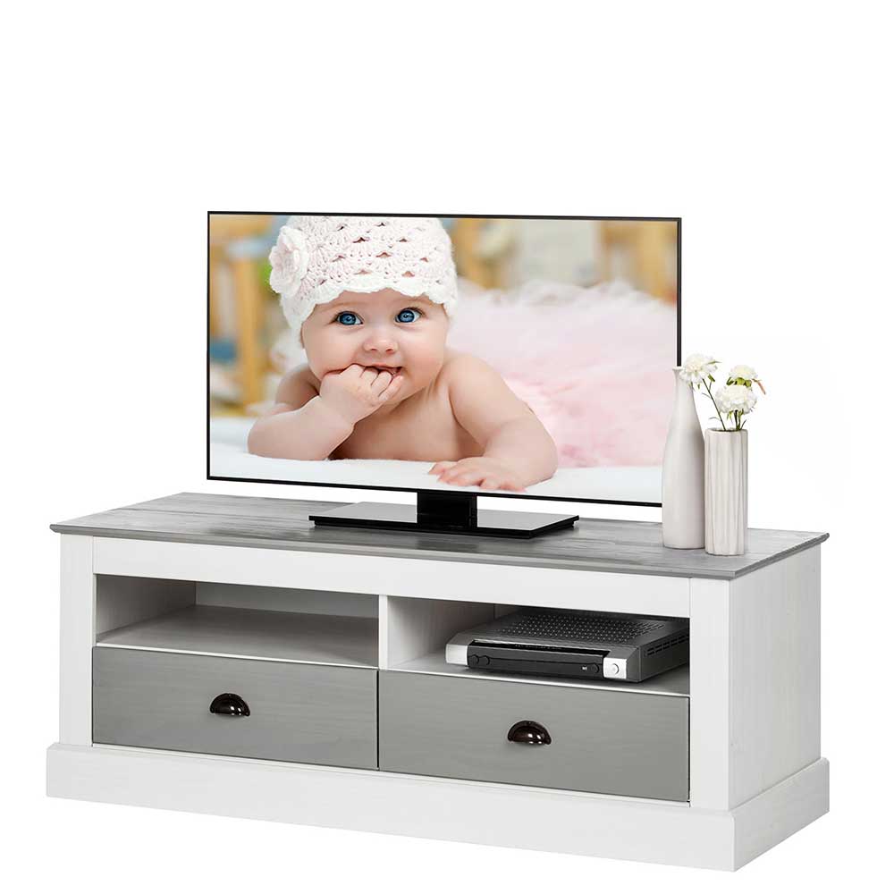 TV Board Jatonna in Weiß und Grau aus Kiefer Massivholz
