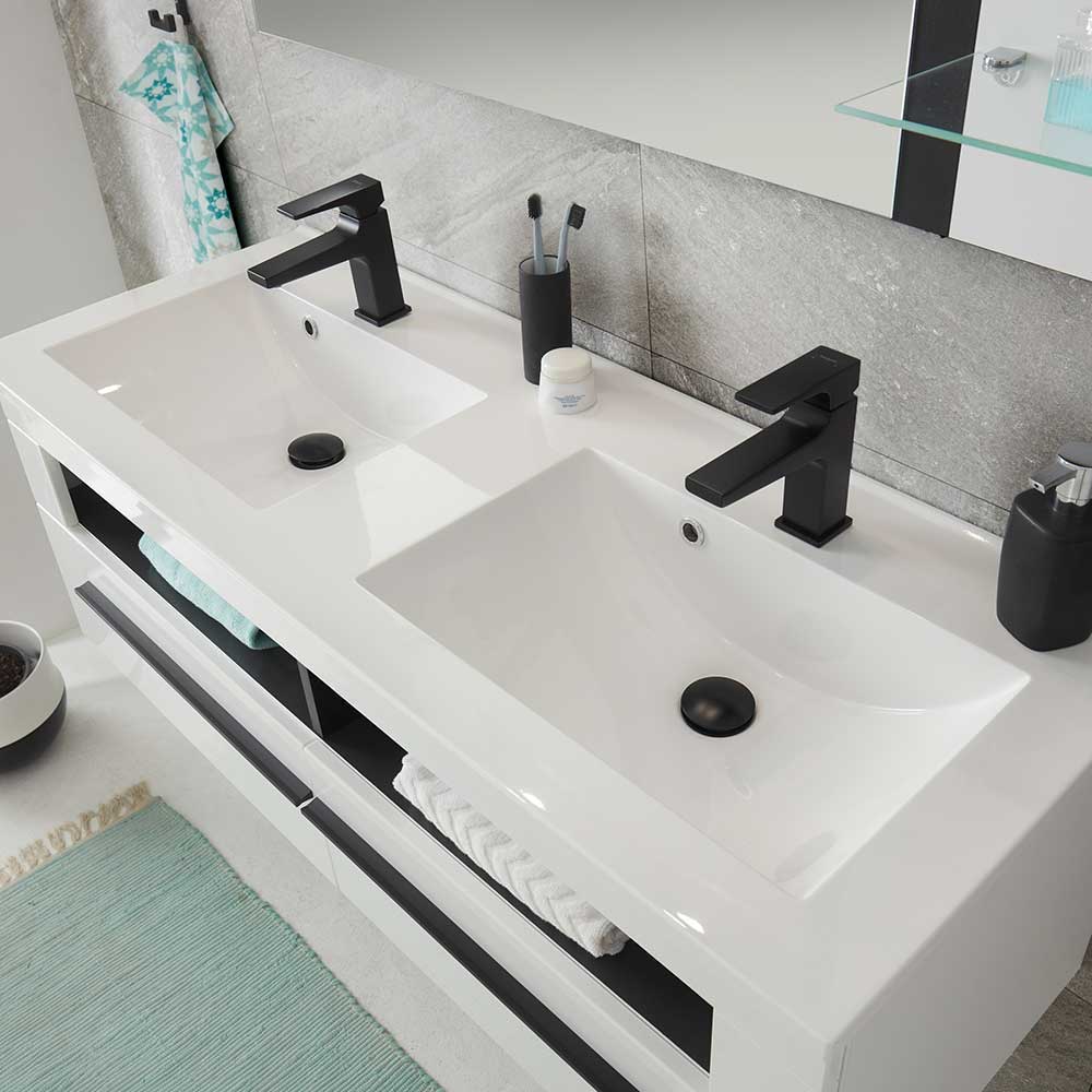 Badezimmermöbel Fricossa in Weiß Hochglanz mit Doppelwaschbecken (vierteilig)