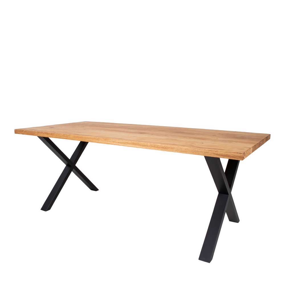 Tischgruppe Hanne aus Eiche Massivholz und Stahl mit grauen Stühlen (siebenteilig)