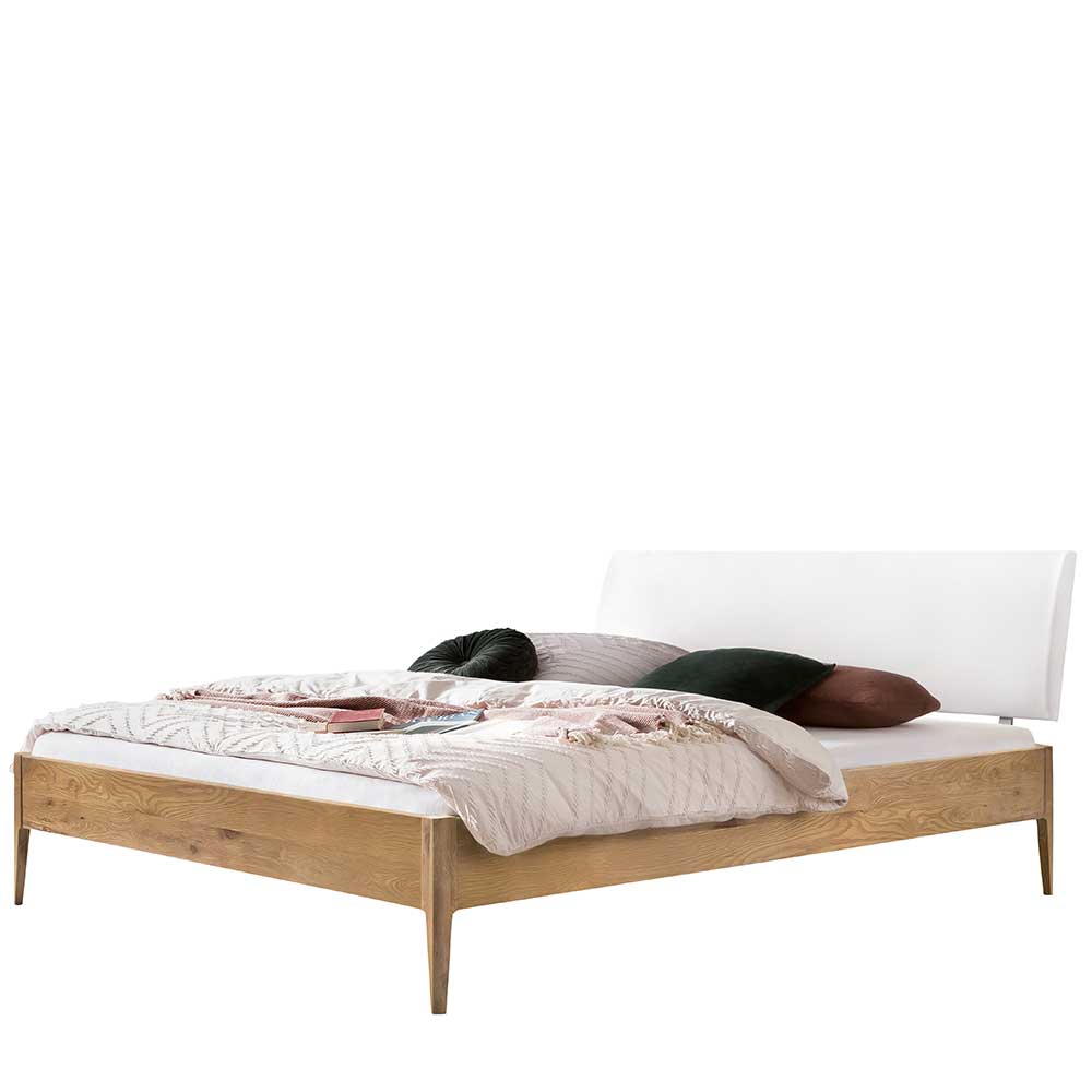 140x200 cm Bett Wildeiche Remazion aus Massivholz mit weißem Polsterkopfteil