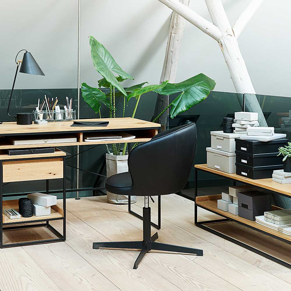 Home Office Drehstuhl Dora aus schwarzem Kunstleder mit höhenverstellbarem Sitz