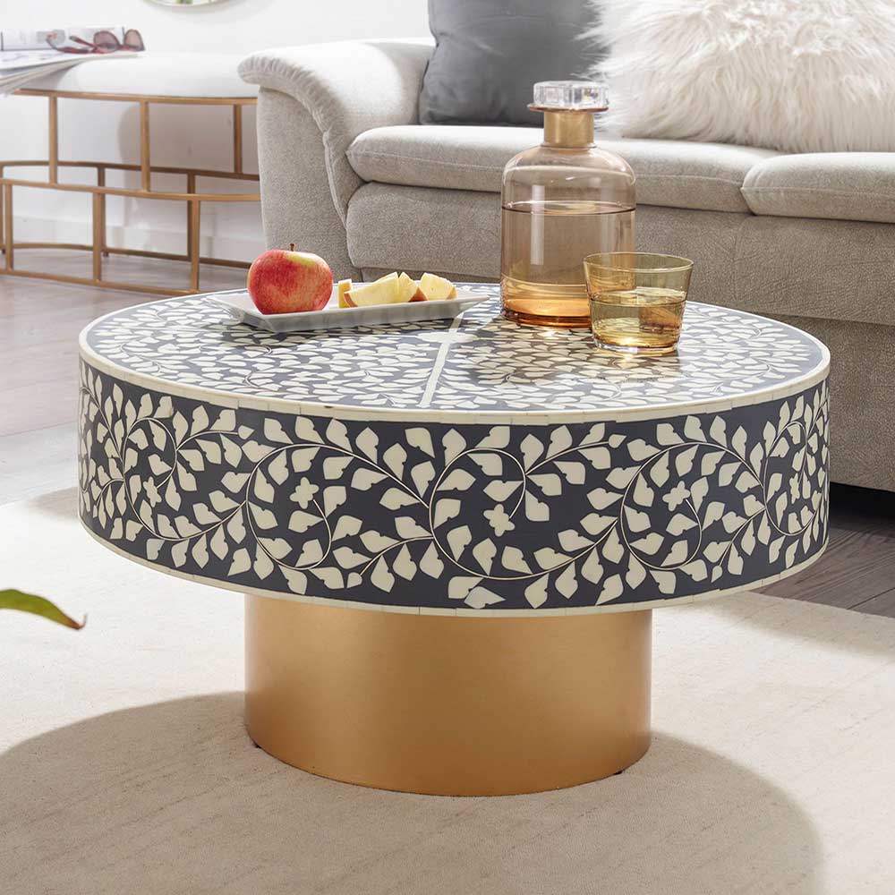 Außergewöhnlicher Wohnzimmer Tisch Atelona in Grau - Weiß und Goldfarben