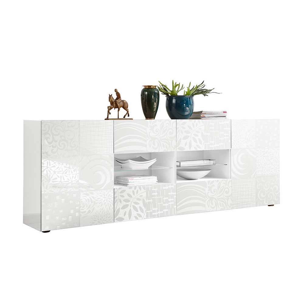 Hochglanz Design Sideboard Peledrav in Weiß mit floralem Siebdruck verziert